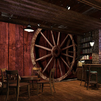 复古怀旧木纹木板车轮大型壁画 KTV酒吧咖啡厅个性主题定制壁纸