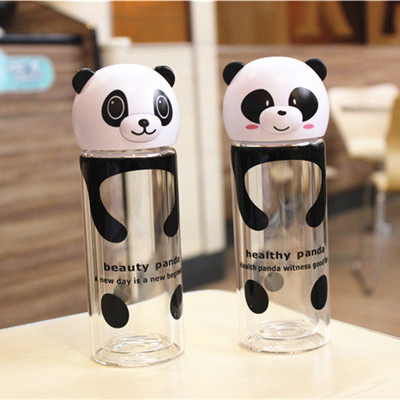 创意动物熊猫可爱猫头杯盖透明水杯卡通耐热双层玻璃杯隔热随手杯