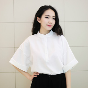 2016春夏新款女韩版大码宽松上衣立领蝙蝠中袖白衬衫短袖雪纺衬衣