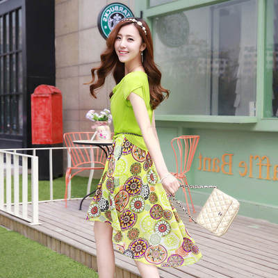 2015夏季新款女装韩版女士印花裙子修身中长款短袖雪纺连衣裙夏女