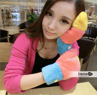 2014新款 热销韩版彩虹拼色小熊女士毛绒包指保暖手套 爆款-