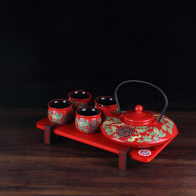 日式和风陶瓷功夫红色茶具结婚礼物韩式创意喜庆送礼套装特价包邮