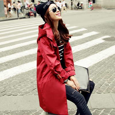 风衣女春秋2015韩版 新款红色风衣长袖中长款 宽松气质带帽外套