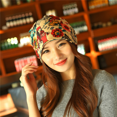 韩版秋冬花朵围脖帽子女士头巾纯棉三用套头帽时尚头巾帽月子帽
