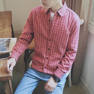 秋季格格子长袖衬衫男潮流韩版修身型尖领衬衣男生衣服青少年上衣