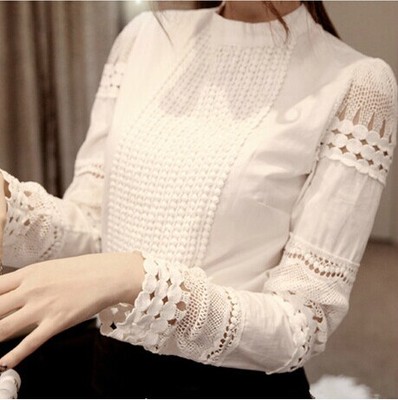 2015春装新款勾花镂空女衬衫韩版甜美修身白色圆领衬衣长袖打底衫