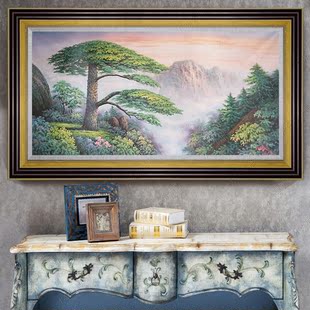 中式现代山水风水风景手绘油画客厅装饰画定制高档有框壁画迎客松