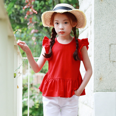 韩版女童纯棉中袖T恤2017新款中大童装大红色荷叶袖圆领短袖上衣