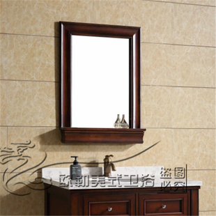 美式乡村浴室柜镜子 欧式仿古做旧美容镜 实木边框置物架托板镜子