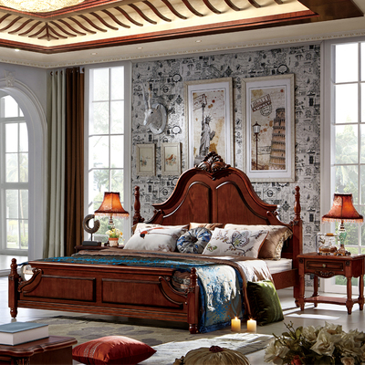 美式实木床 黑胡桃色双人1.8米欧式深色古典家具 美式乡村实木床
