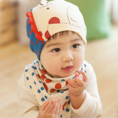 婴儿帽子套装秋冬季6-12个月韩国男女宝宝纯棉儿童护耳帽口水巾潮