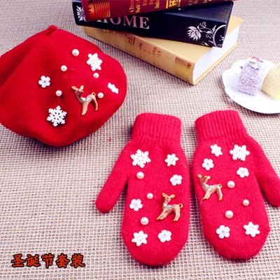 圣诞节手套女冬季韩版可爱加厚户外保暖手工兔毛线手套亲子款红色
