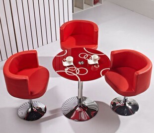 接待桌 红底白圈 一桌三椅 钢化玻璃 休闲组合 简约时尚 小圆桌椅
