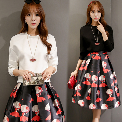 2015秋季新款韩版时尚白黑色T恤衫甜美印花半身裙两件套装显瘦女
