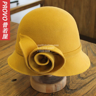 专卖店正品羊毛礼帽子女秋冬新款英伦风黄色纯羊毛呢女士礼帽盆帽