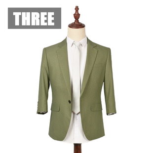 THREE 男士韩版修身西服 七分袖短袖清新绿薄西服 休闲小西装潮男