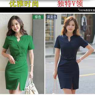 韩版女装 高贵优雅连衣裙 职业女装批发V领中袖修身 2015新款