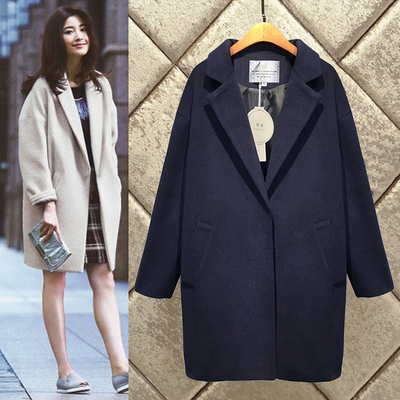 呢子大衣女2015冬装新款韩版宽松显瘦学生中长款毛呢外套修身黑色