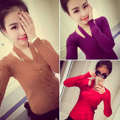 2015春秋季新款韩版修身时尚甜美吊带型长袖针织衫打底短款上毛衣