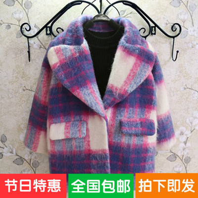 2015冬季新款韩版童装 女童撞色格子外出服呢大衣 促销包邮