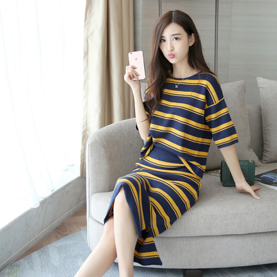 2016秋装新款女装韩版时尚休闲条纹针织套装裙两件套气质包臀裙潮