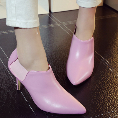 春季新款真皮浅口粉色气质尖头裸靴高跟百搭工装单鞋韩式简约女鞋