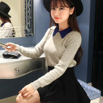 2015韩版秋冬新款女装宽松百搭娃娃领针织打底衫兔毛拼色显瘦毛衣