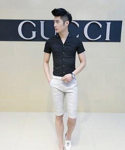 夏季男装新款英伦发型师潮男士修身衬半袖衣个性韩版短袖V领衬衫