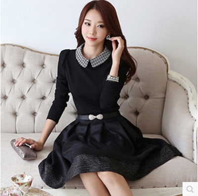 2015新款韩版秋季修身显瘦娃娃领气质长袖连衣裙子