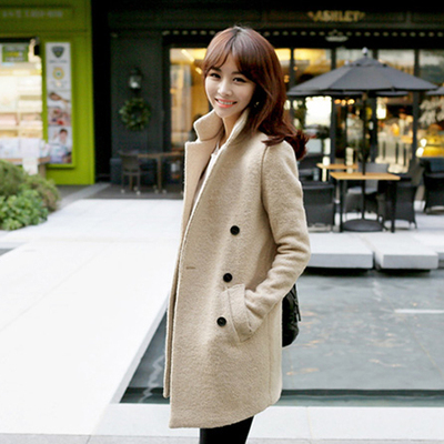 2015冬装新款女韩版修身中长款韩版粗花毛呢大衣
