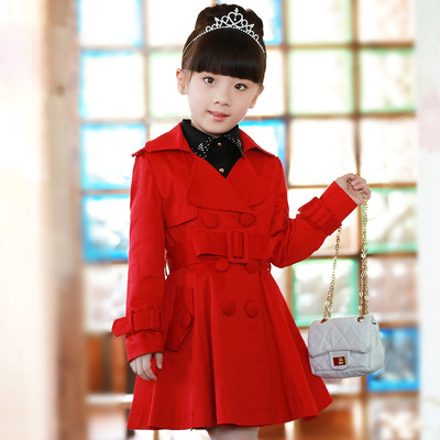 韩版新款童装秋季女大童双排扣风衣儿童中长款修身外套