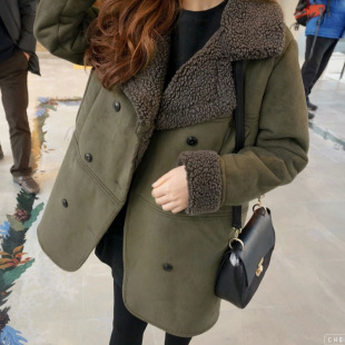 韩国代购2015秋冬新款大衣中长款麂皮绒女加厚羊羔毛毛呢外套棉衣