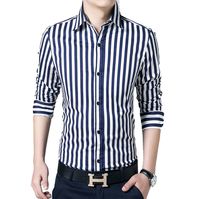2016新款男士长袖衬衫秋季韩版修身男装格子纯棉商务条纹时尚衬衣