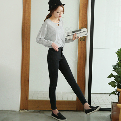 黑色高腰牛仔裤女弹力小脚铅笔长裤韩版修身显瘦气质时尚个性大码
