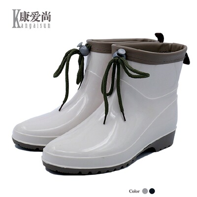女士纯色雨鞋系带低筒水鞋套鞋韩版时尚花园雨靴 PVC防滑水靴