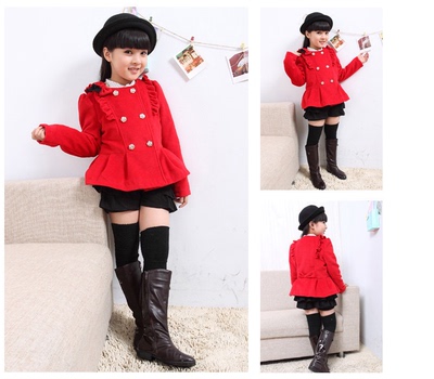 2015秋冬新款韩版 中大童红色呢子外套上衣女童大衣裙裤套装