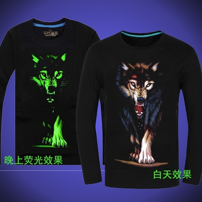 春秋季男士长袖t恤上衣个性男式秋衣3D印花动物狼虎图案夜光T恤