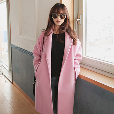 2015韩国女装冬装毛呢外套大码宽松茧型加厚夹棉羊毛呢子大衣长款