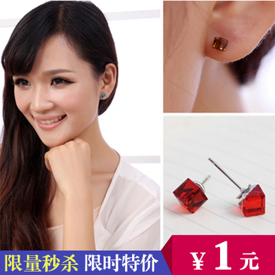 韩国饰品 可爱水立方水晶小耳钉 糖果魔方石耳环 塑料耳针防过敏
