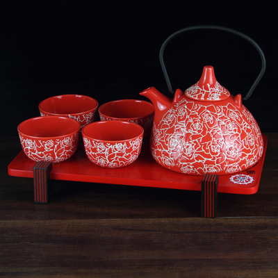 日式和风陶瓷功夫茶具红玫瑰整套敬茶壶杯套装结婚礼物庆特价包邮