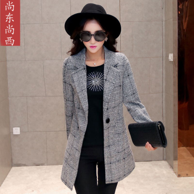 2015冬装新款韩版时尚格子中长款修身毛呢外套女羊毛呢子大衣风衣