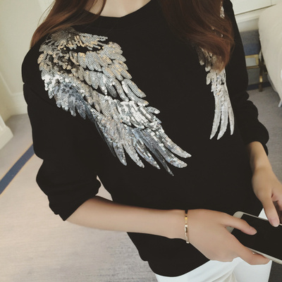 秋装新款2015韩版洋气百搭亮片翅膀图案套头卫衣女