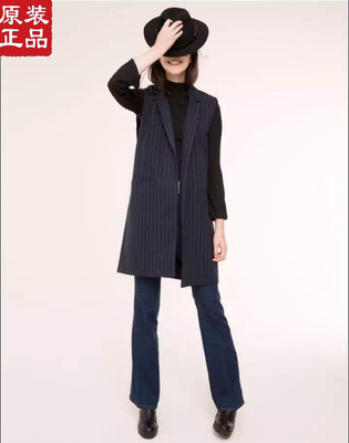 2015秋装新款欧美单装柜正品西装领长款无袖羊毛外套细条纹女马甲