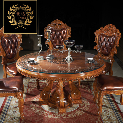 欧式餐桌美式圆形餐桌餐椅组合 别墅高档家具红木餐桌印尼柚木