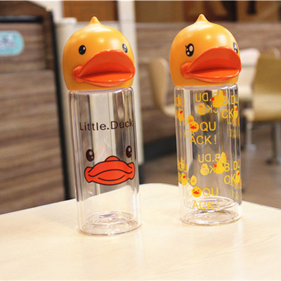 创意小黄鸭可爱耐热双层玻璃杯鸭子卡通水杯子隔热便捷学生女士杯
