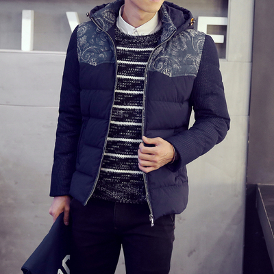 2015韩版新款保暖拼色男士修身连帽轻薄羽绒服冬季棉袄潮男外套