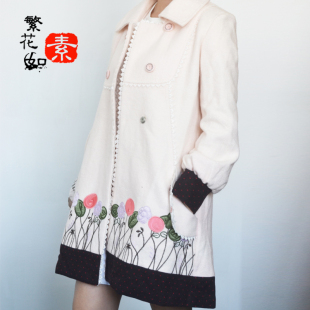2015冬装新款女装米色方领印花长袖韩版时尚保暖长款毛呢大衣上衣