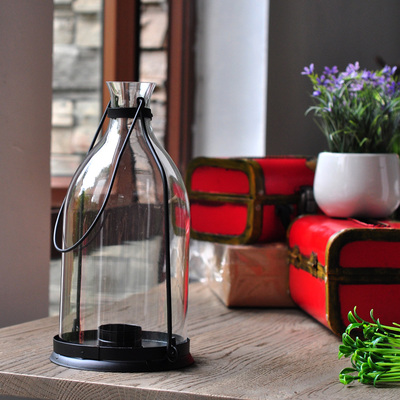七格格 乡村铁艺透明玻璃瓶风灯烛台创意酒瓶手提风灯咖啡馆装饰