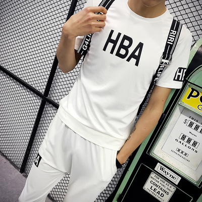 2016夏季青少年短袖T恤运动服男士韩版修身长裤9分中裤休闲套装潮