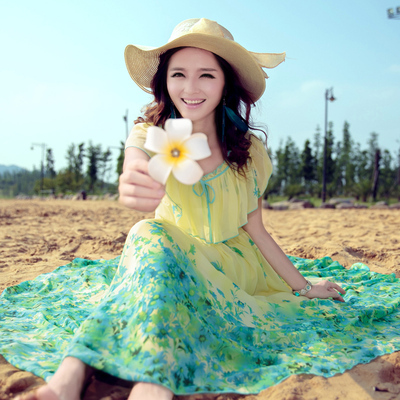 2015夏装新品女装 韩版修身印花雪纺连衣裙 波西米亚沙滩裙长裙